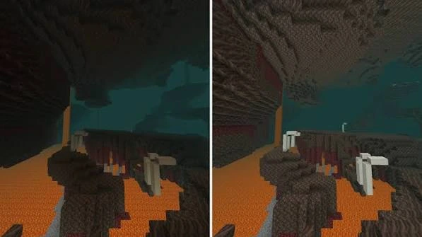Fullbright Mod cave visibility comparison showing a darker and brighter Minecraft scene